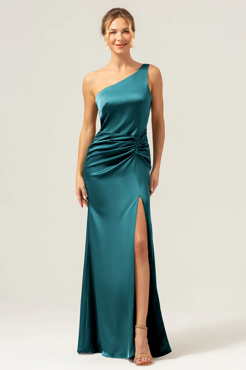 Olive Mermaid One Shoulder Backless Satin Long Bridesmaid Dress - Image 25