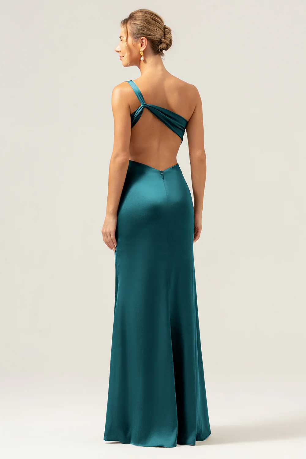 Olive Mermaid One Shoulder Backless Satin Long Bridesmaid Dress - Image 26