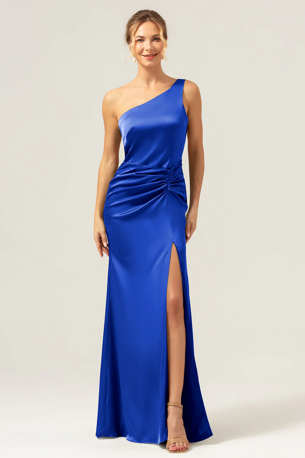 Olive Mermaid One Shoulder Backless Satin Long Bridesmaid Dress - Image 27
