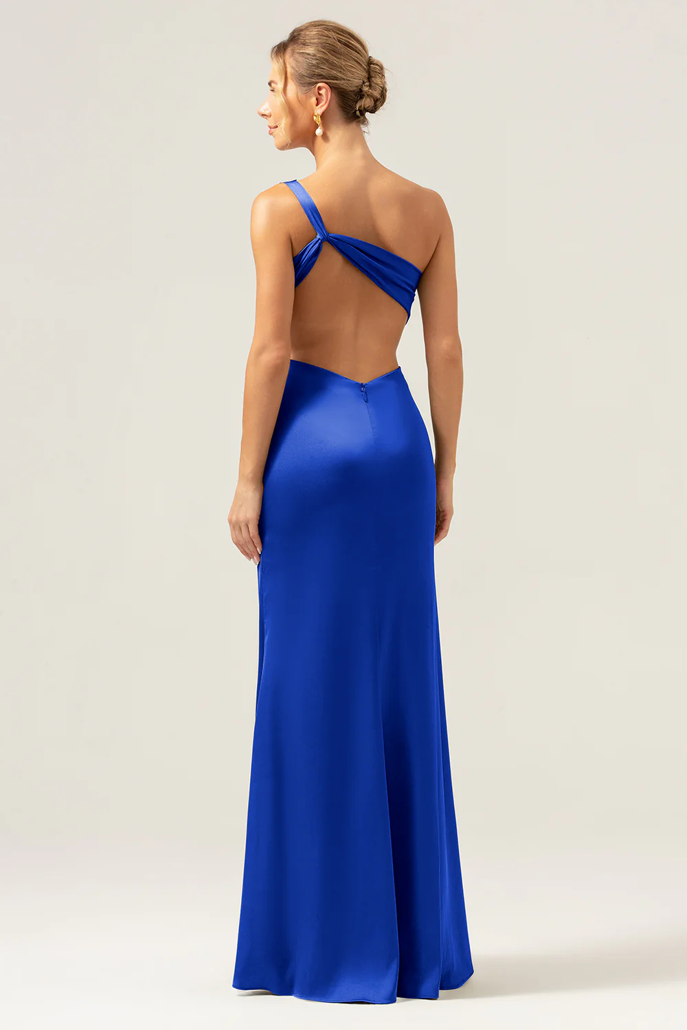 Olive Mermaid One Shoulder Backless Satin Long Bridesmaid Dress - Image 28