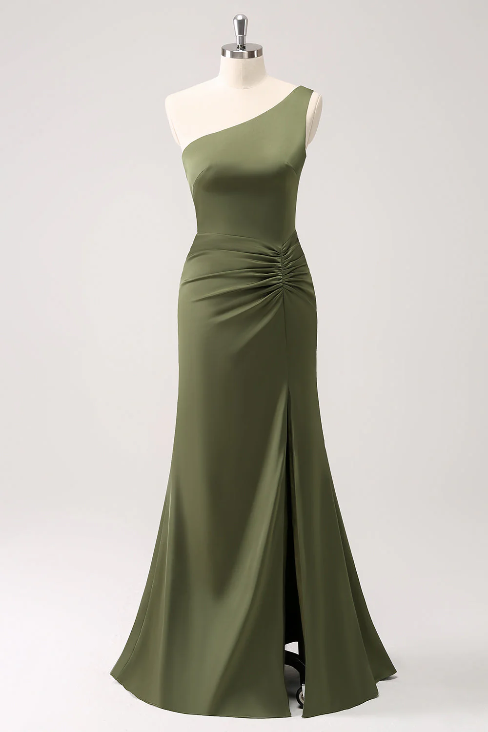 Olive Mermaid One Shoulder Backless Satin Long Bridesmaid Dress - Image 3