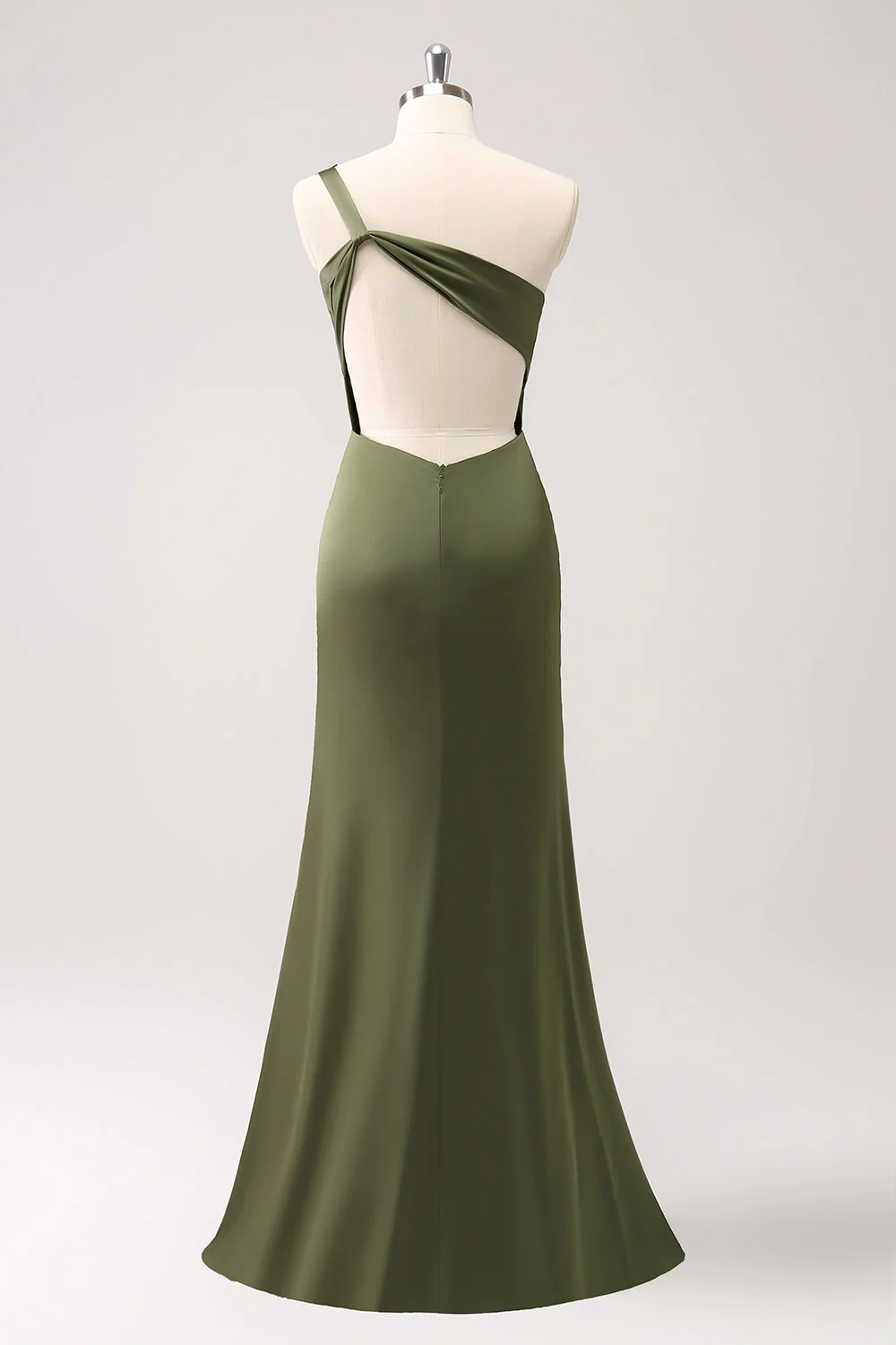 Olive Mermaid One Shoulder Backless Satin Long Bridesmaid Dress - Image 4