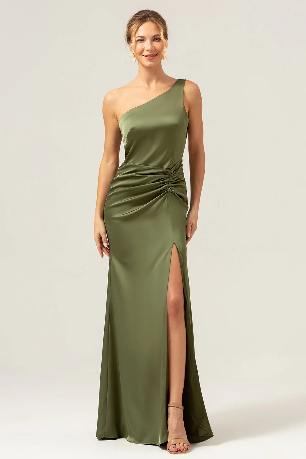 Olive Mermaid One Shoulder Backless Satin Long Bridesmaid Dress - Image 5