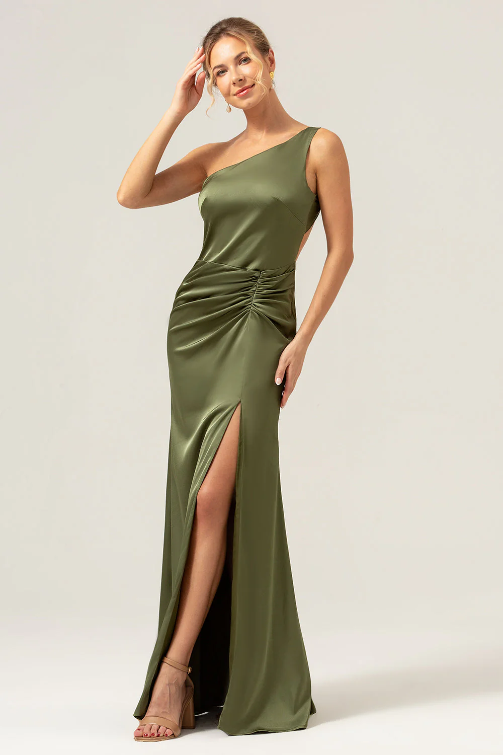Olive Mermaid One Shoulder Backless Satin Long Bridesmaid Dress - Image 6