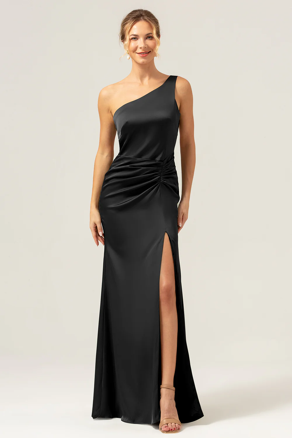 Olive Mermaid One Shoulder Backless Satin Long Bridesmaid Dress - Image 9