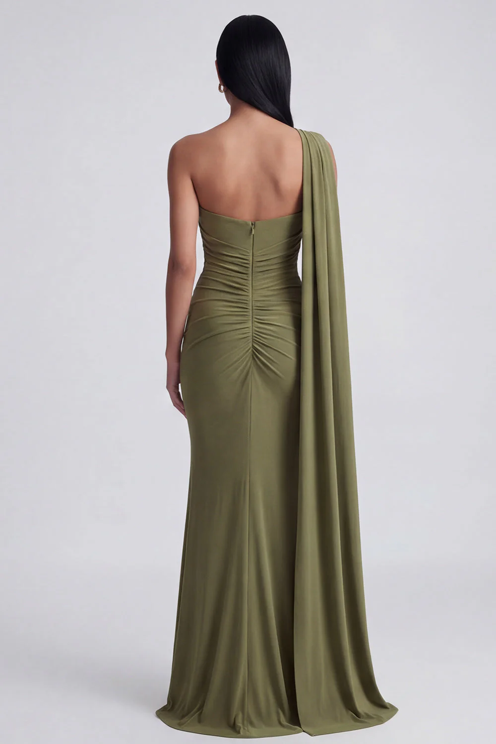 Olive Mermaid One Shoulder Long Evening Dress with Streamer - Image 2