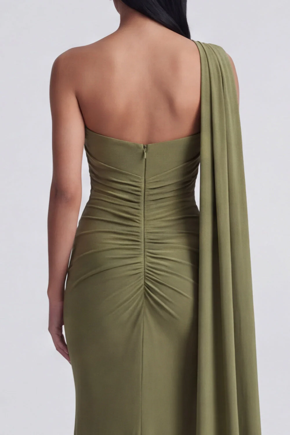 Olive Mermaid One Shoulder Long Evening Dress with Streamer - Image 4