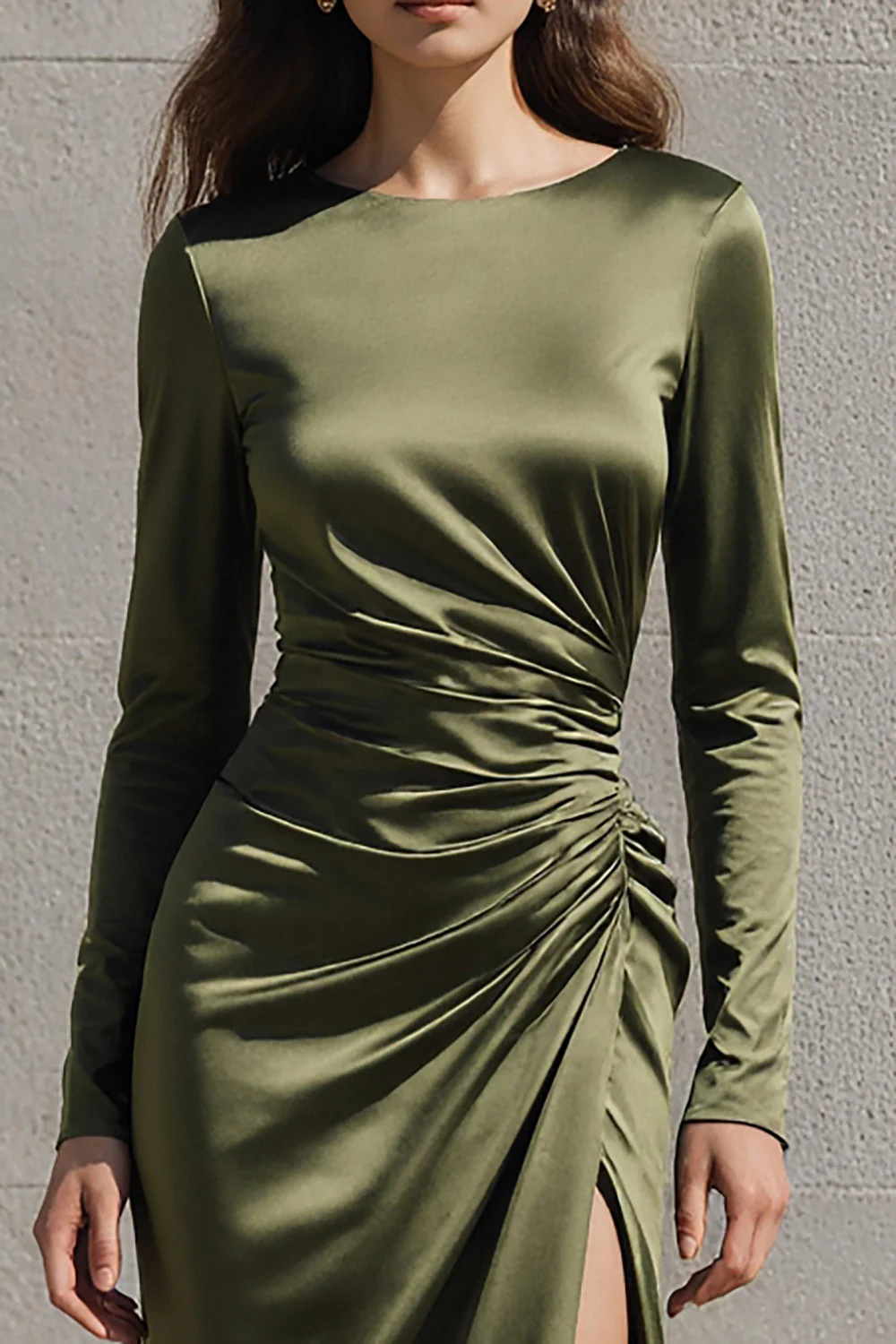 Olive Mermaid Satin Long Sleeves Evening Dress with Slit - Image 3