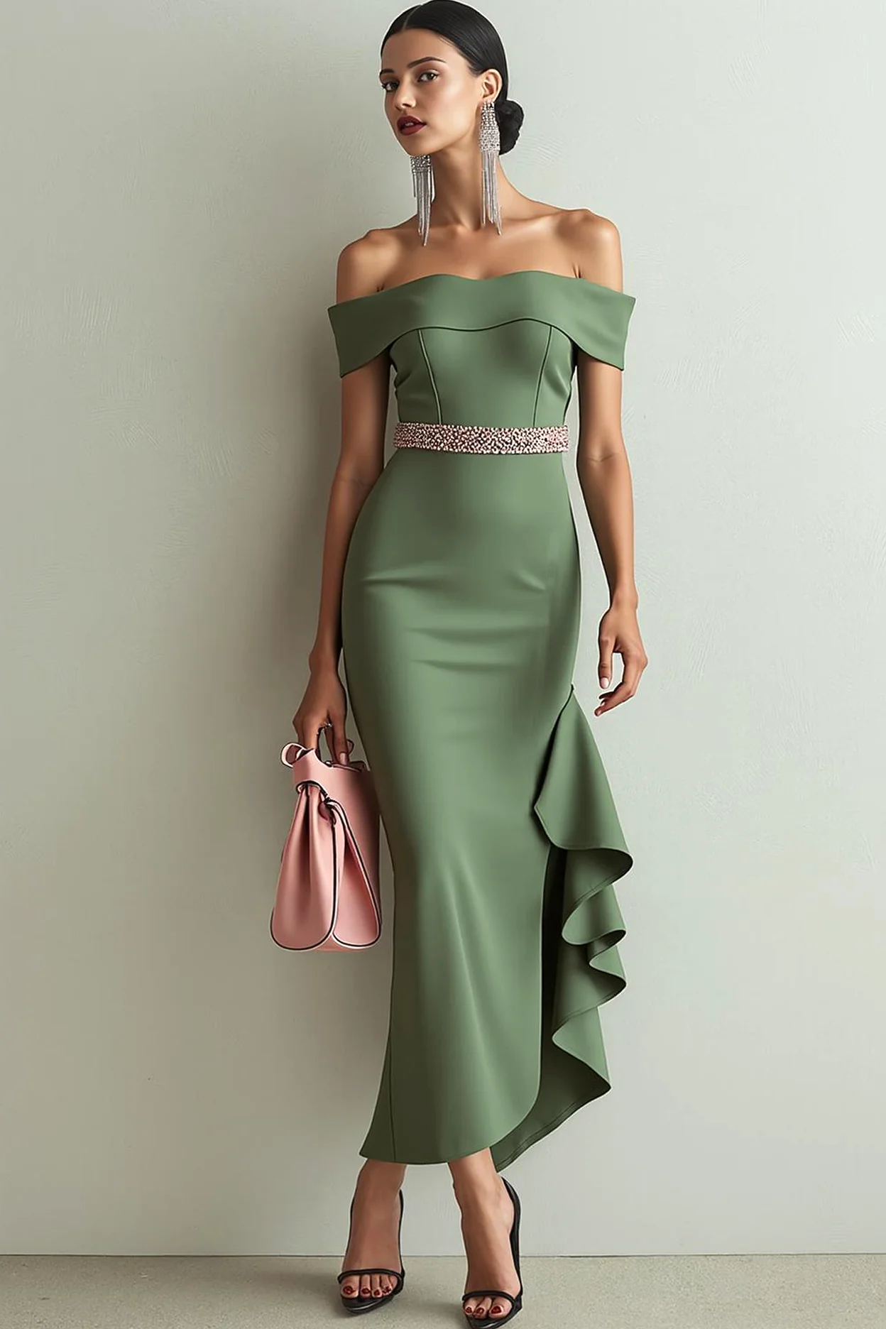 Olive Off the Shoulder Mermaid Formal Dress with Ruffles - Image 2