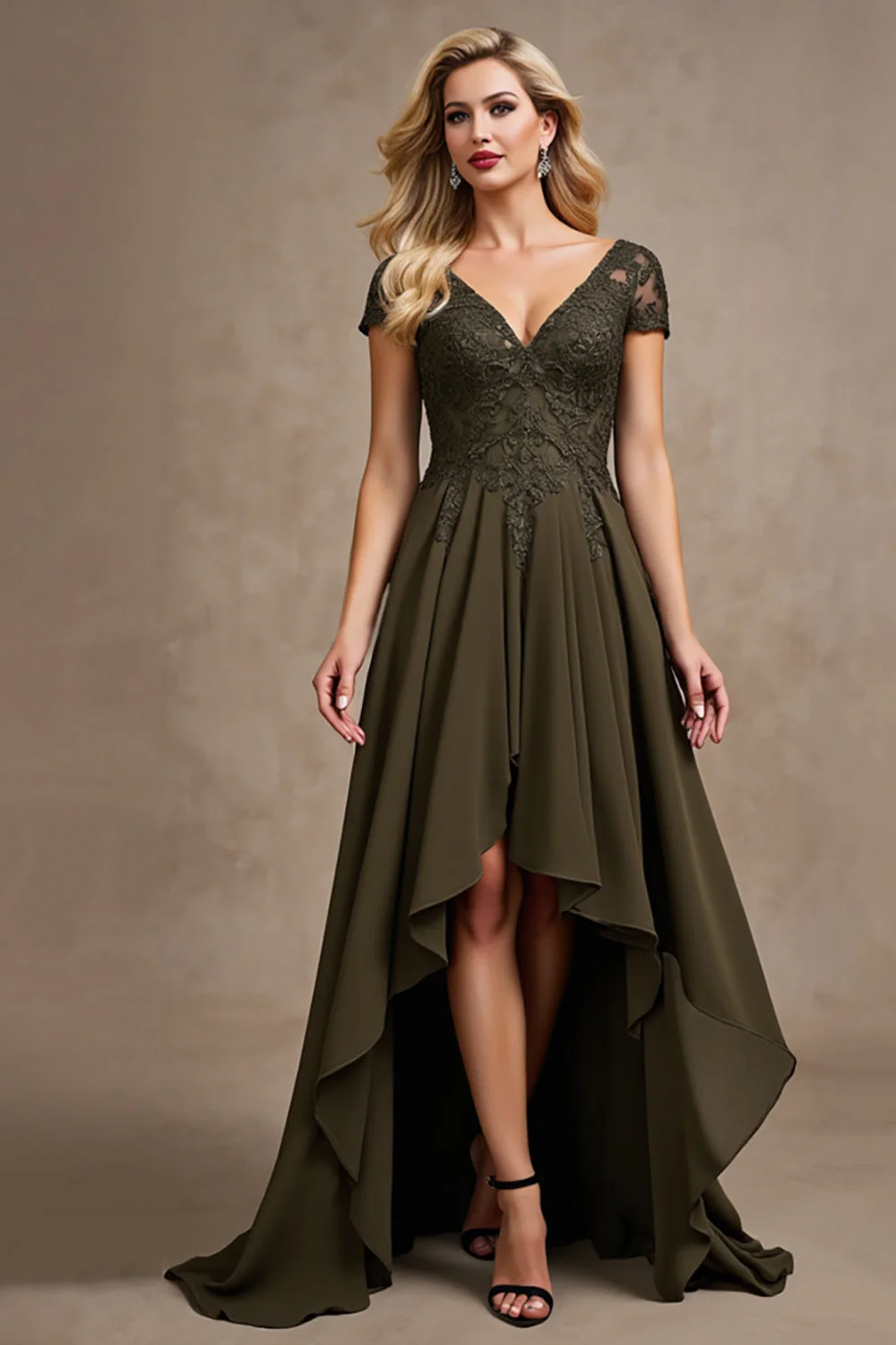 Olive Satin Asymmetrical High Low Mother of the Bride Dress - Image 3