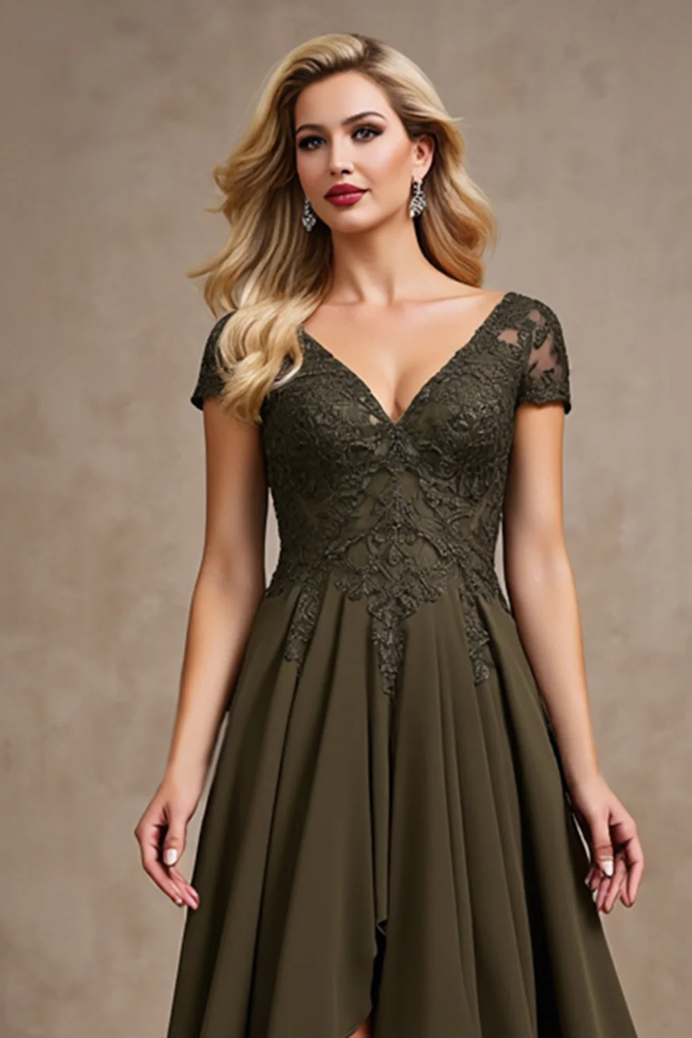 Olive Satin Asymmetrical High Low Mother of the Bride Dress - Image 6