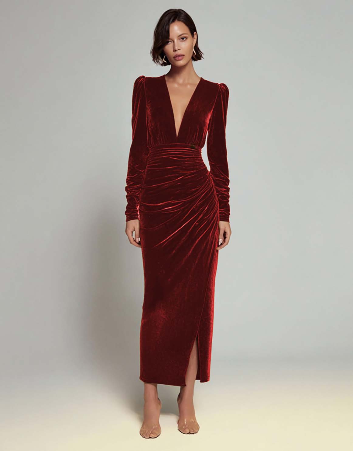 Olive Sheath V-Neck Ruched Velvet Long Formal Dress with slit - Image 10