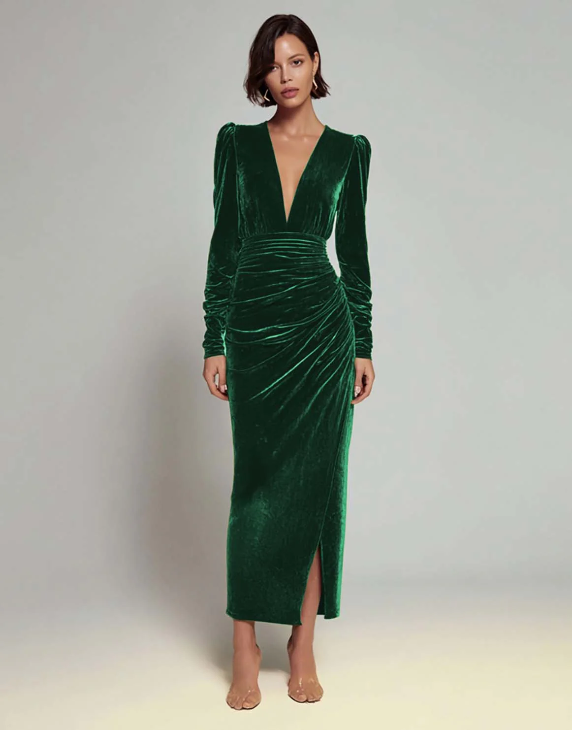 Olive Sheath V-Neck Ruched Velvet Long Formal Dress with slit - Image 11