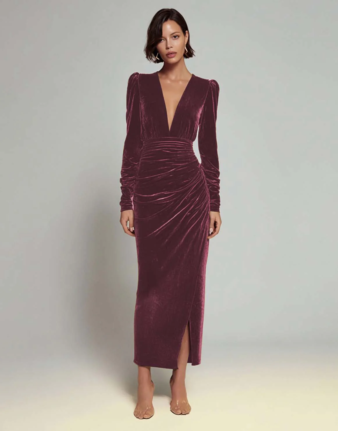 Olive Sheath V-Neck Ruched Velvet Long Formal Dress with slit - Image 13