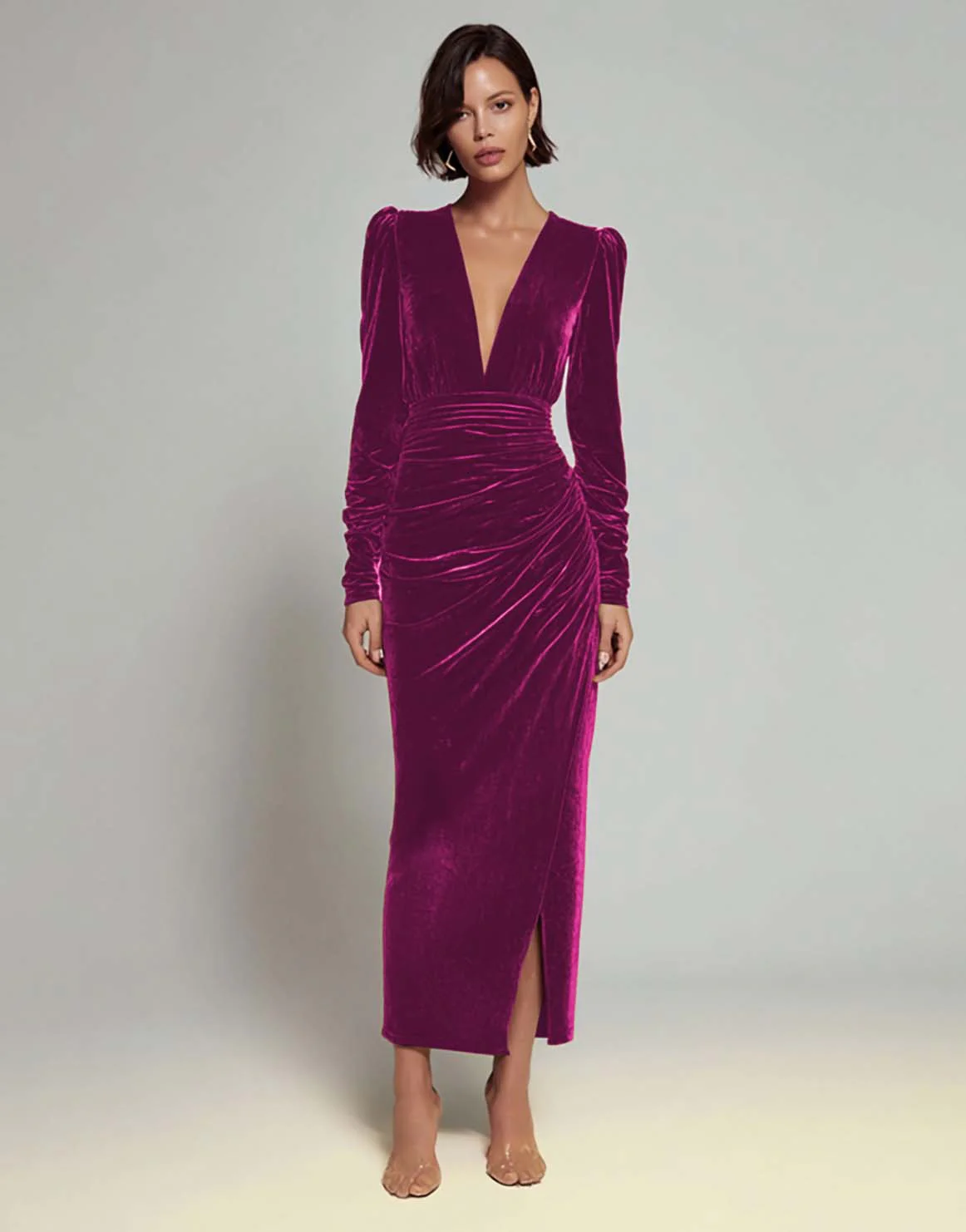 Olive Sheath V-Neck Ruched Velvet Long Formal Dress with slit - Image 15