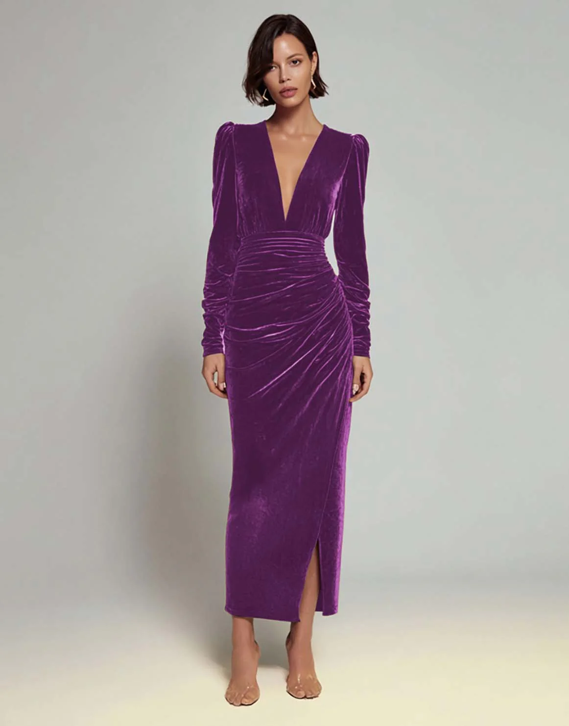 Olive Sheath V-Neck Ruched Velvet Long Formal Dress with slit - Image 16