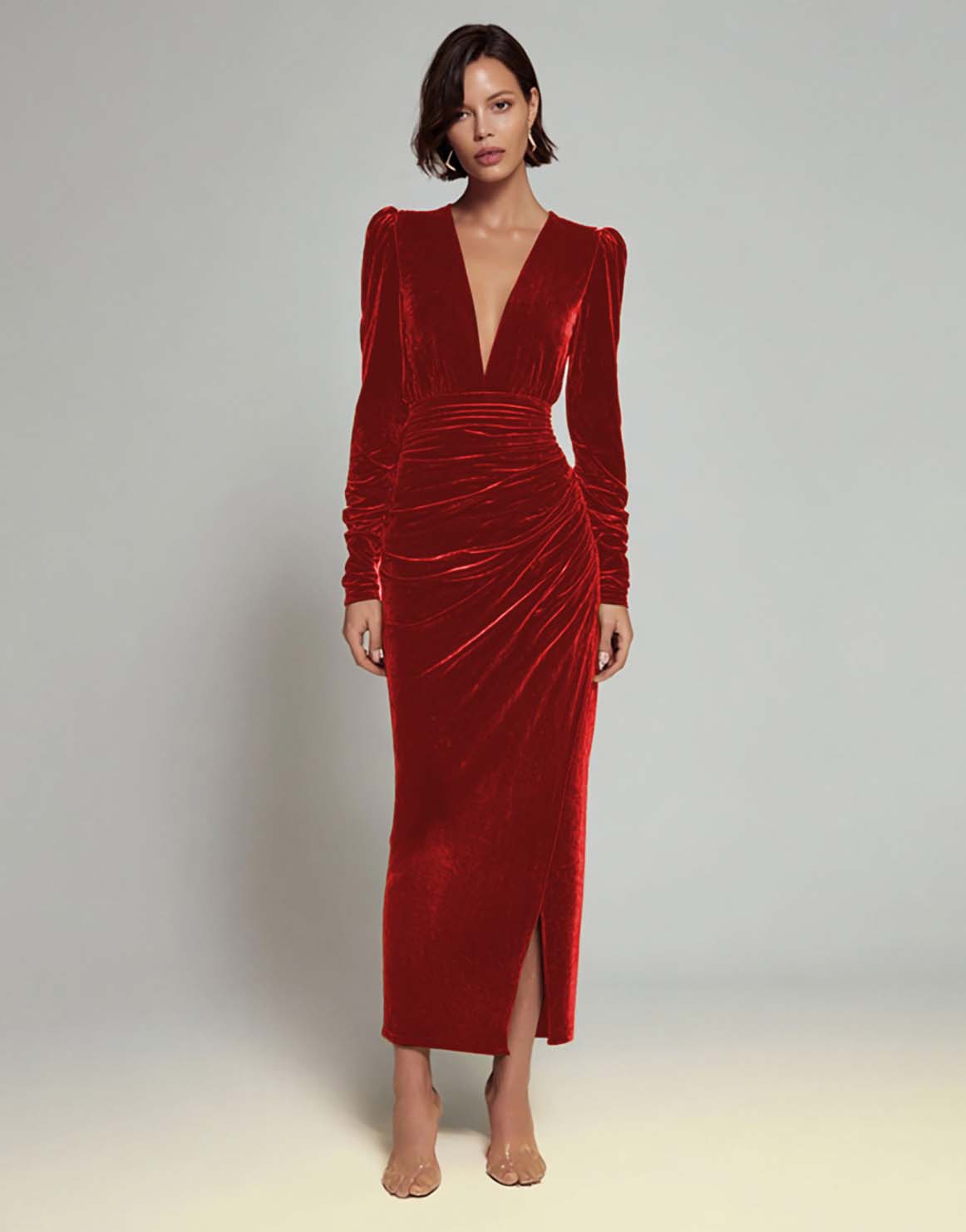 Olive Sheath V-Neck Ruched Velvet Long Formal Dress with slit - Image 17