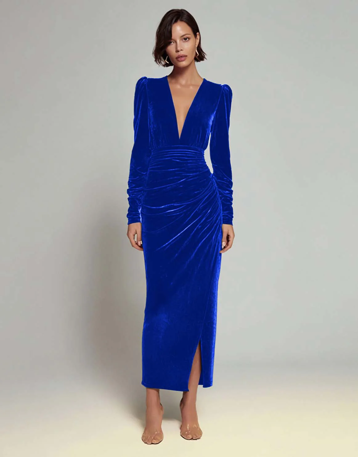 Olive Sheath V-Neck Ruched Velvet Long Formal Dress with slit - Image 18