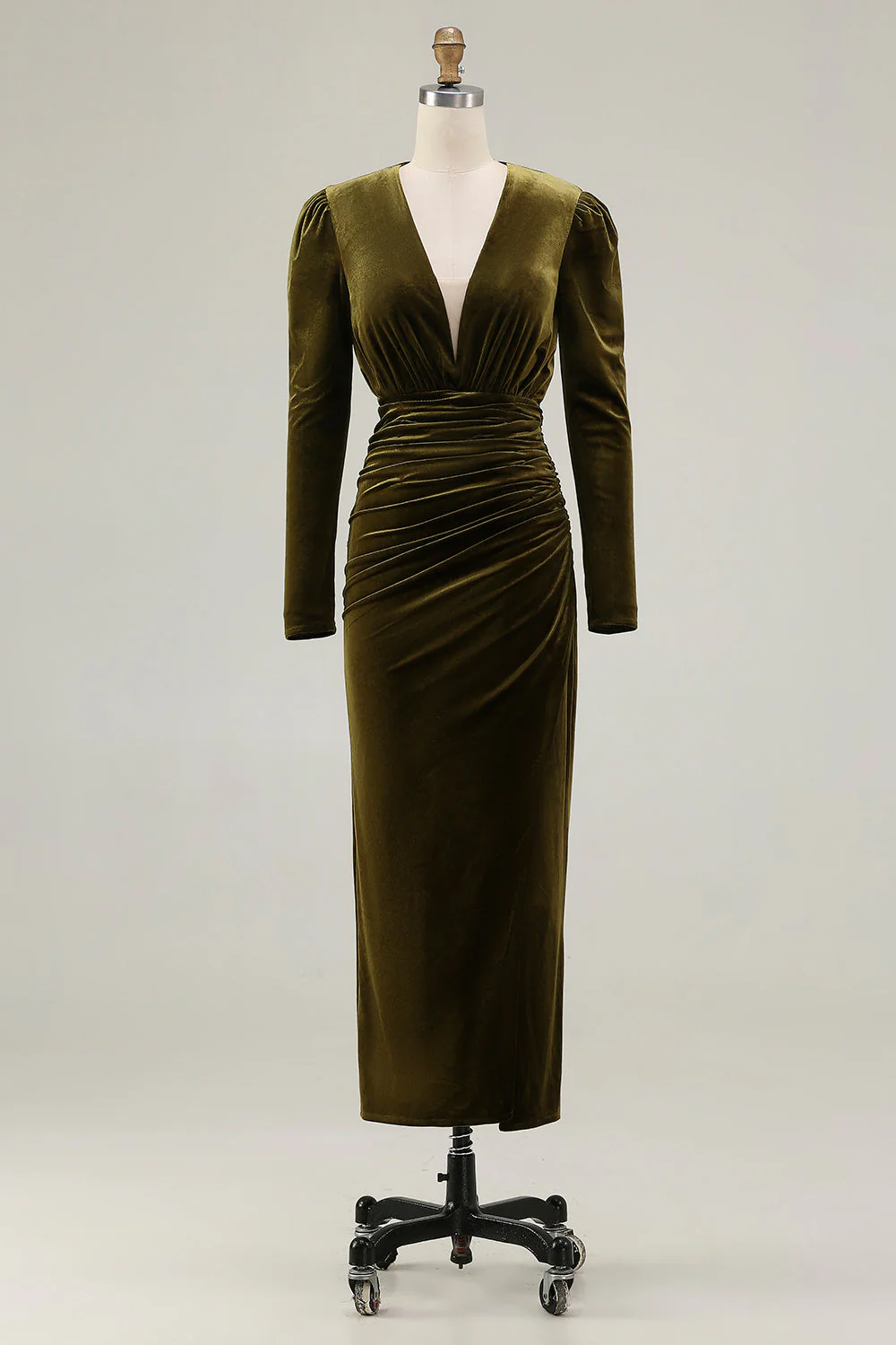 Olive Sheath V-Neck Ruched Velvet Long Formal Dress with slit - Image 3