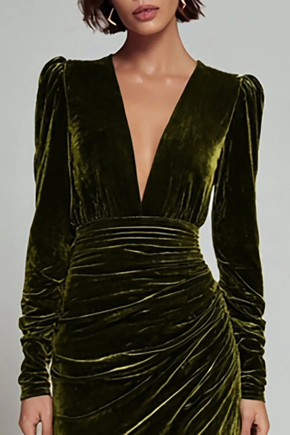 Olive Sheath V-Neck Ruched Velvet Long Formal Dress with slit - Image 5