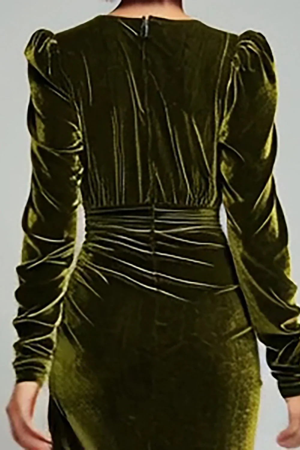 Olive Sheath V-Neck Ruched Velvet Long Formal Dress with slit - Image 6