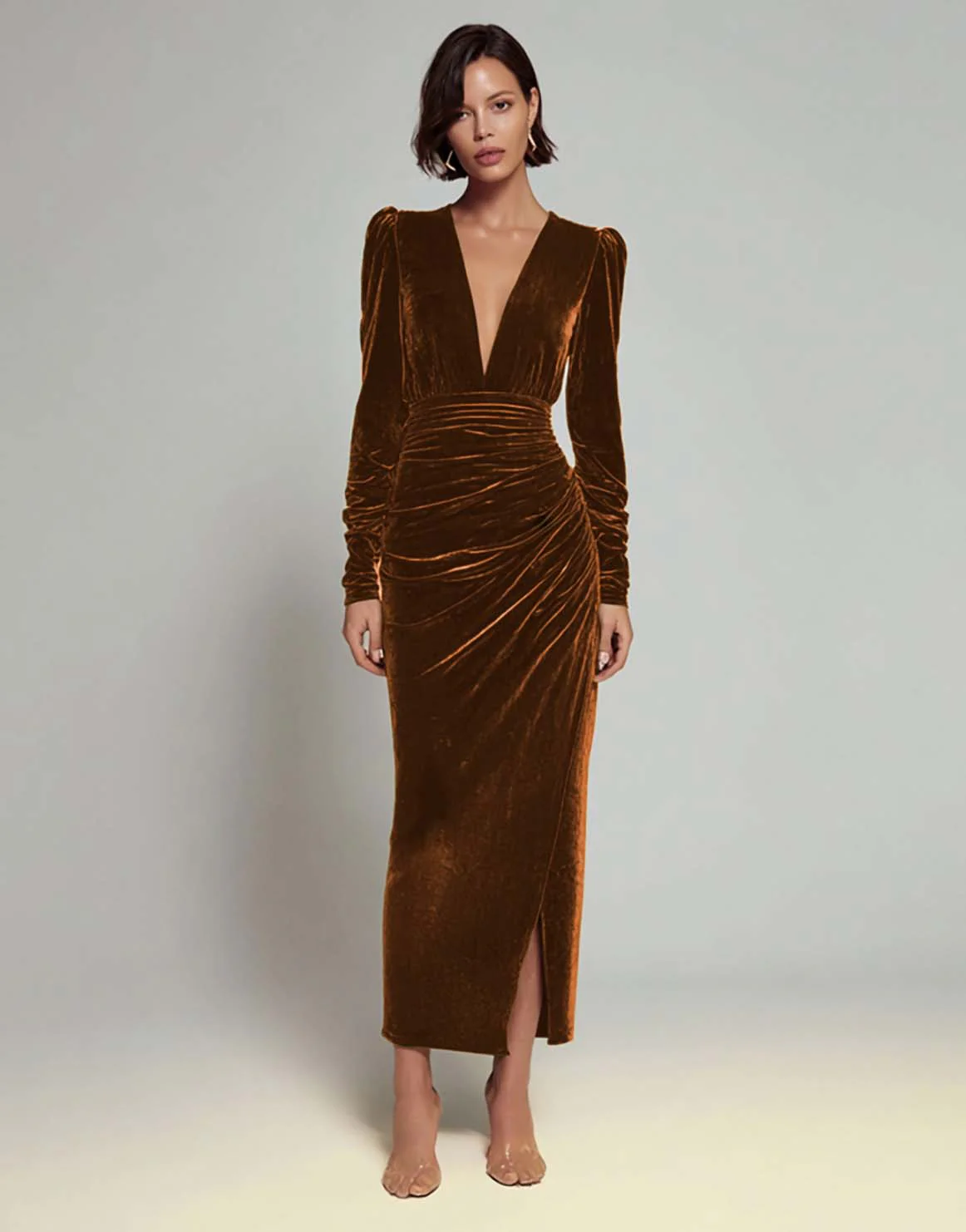 Olive Sheath V-Neck Ruched Velvet Long Formal Dress with slit - Image 9