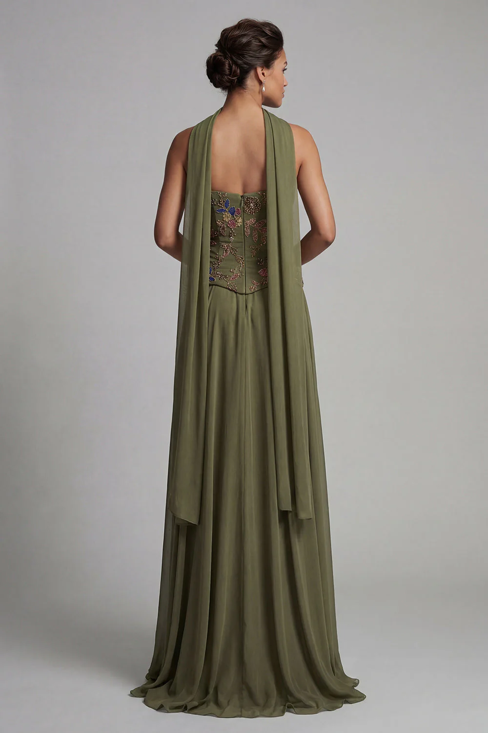 Olive Strapless A Line Long Mother of the Bride Dress with a Neck Scarf - Image 2