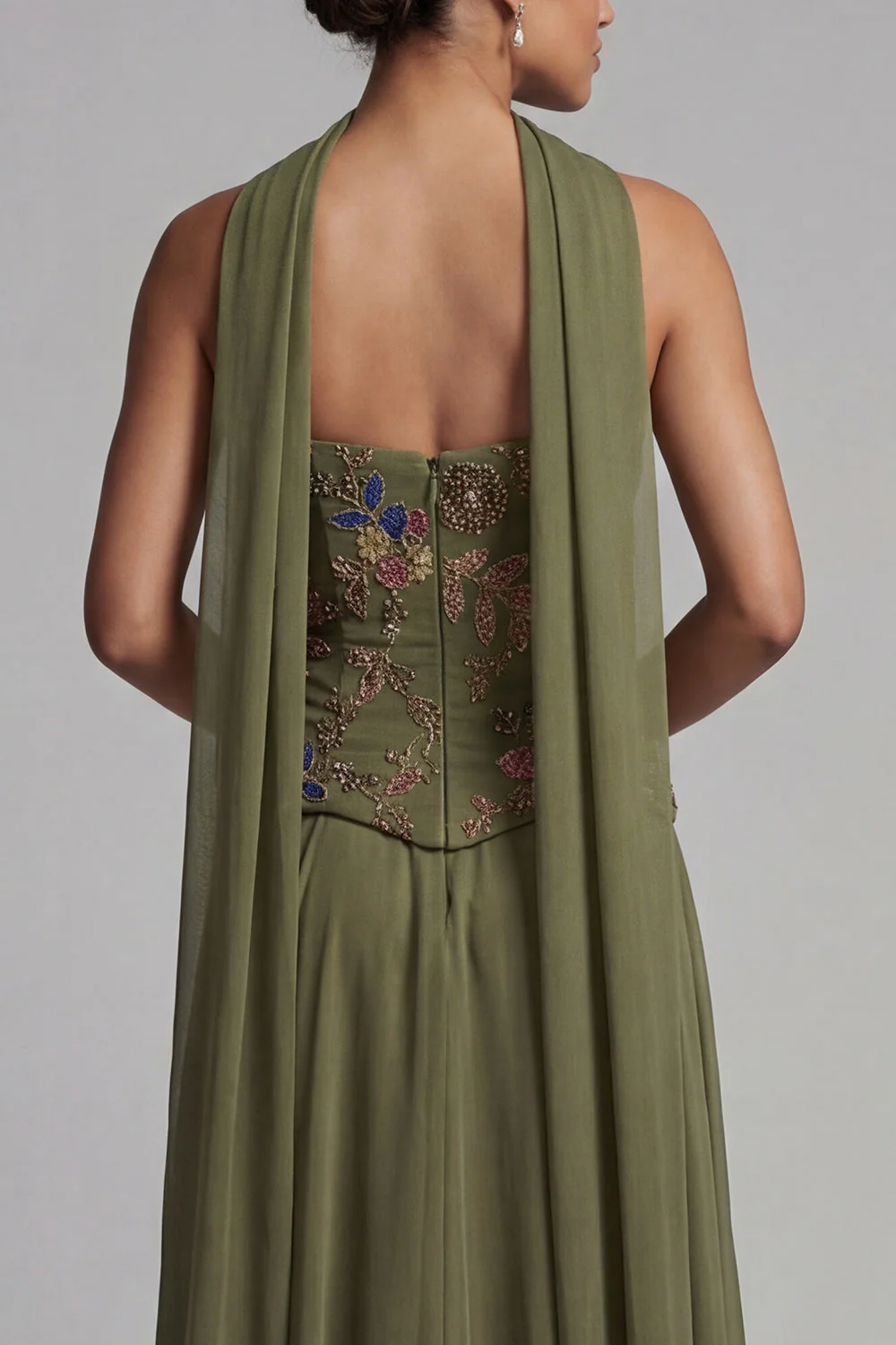 Olive Strapless A Line Long Mother of the Bride Dress with a Neck Scarf - Image 3