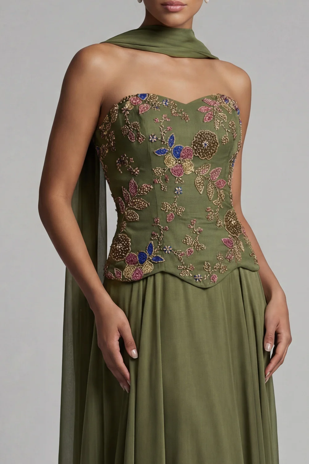 Olive Strapless A Line Long Mother of the Bride Dress with a Neck Scarf - Image 4