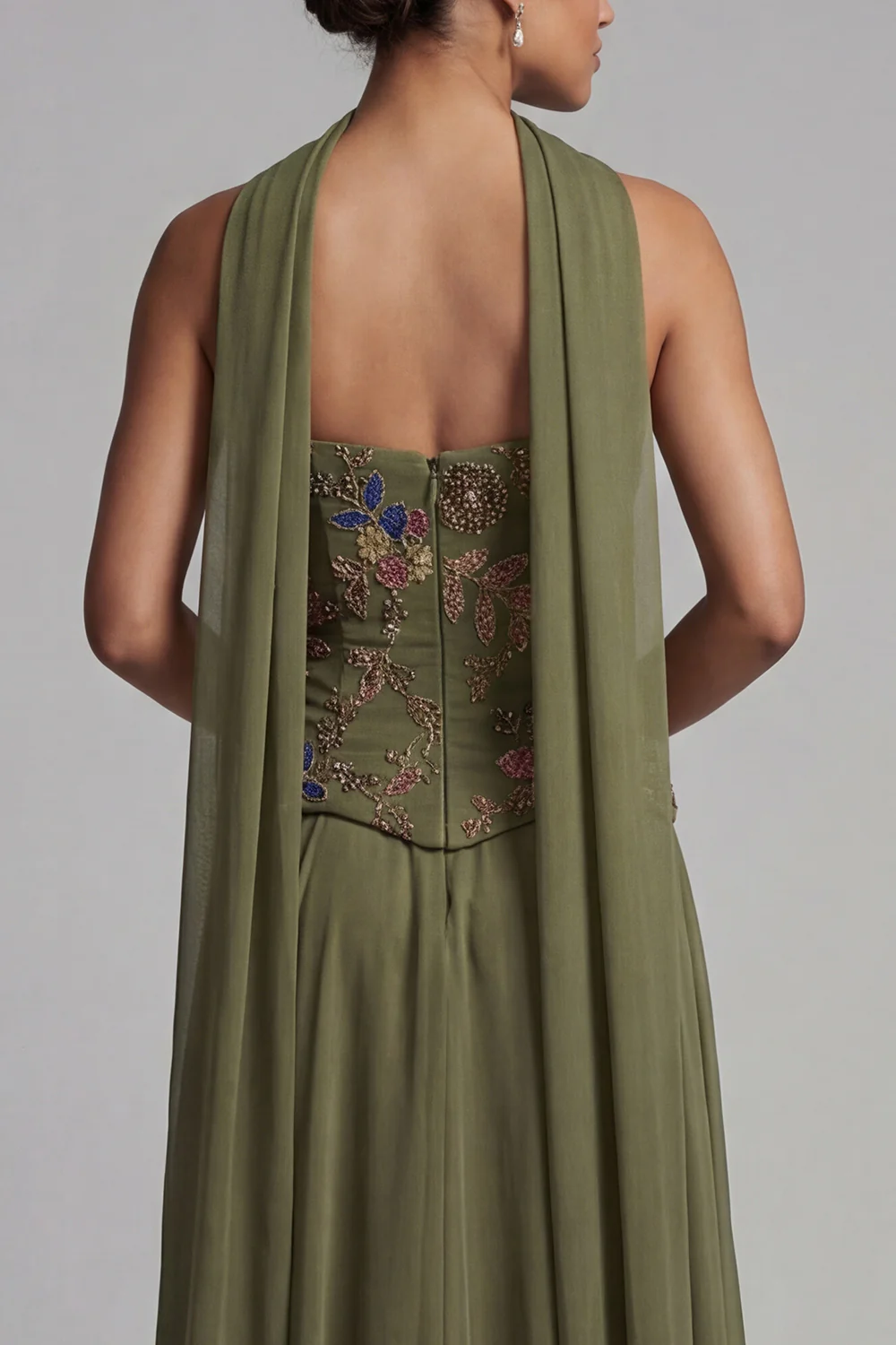 Olive Strapless A Line Long Mother of the Bride Dress with a Neck Scarf - Image 5