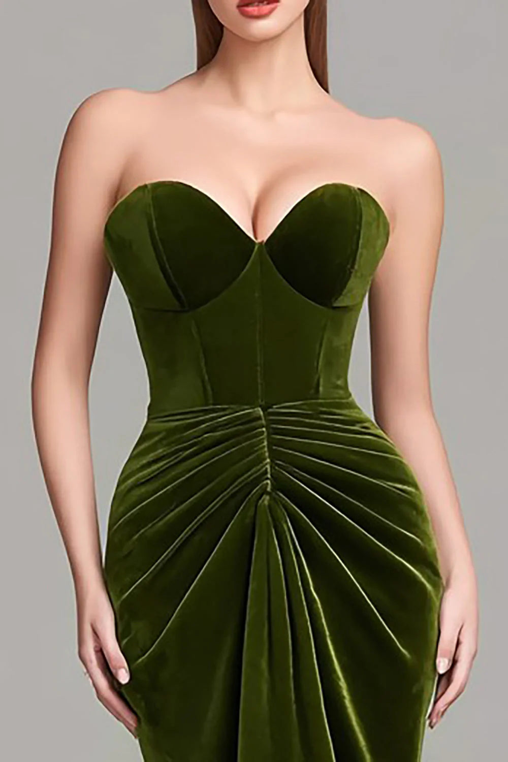 Olive Sweetheart Mermaid Ruched Velvet Evening Dress - Image 2