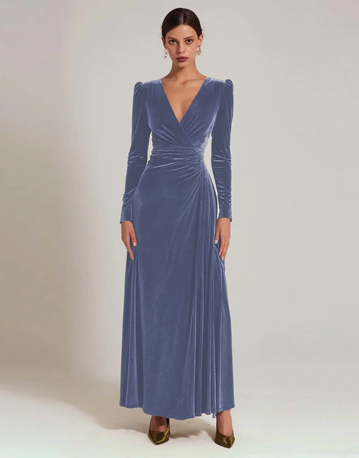 Olive Velvet A-Line V-Neck Evening Dress With Long Sleeves - Image 10