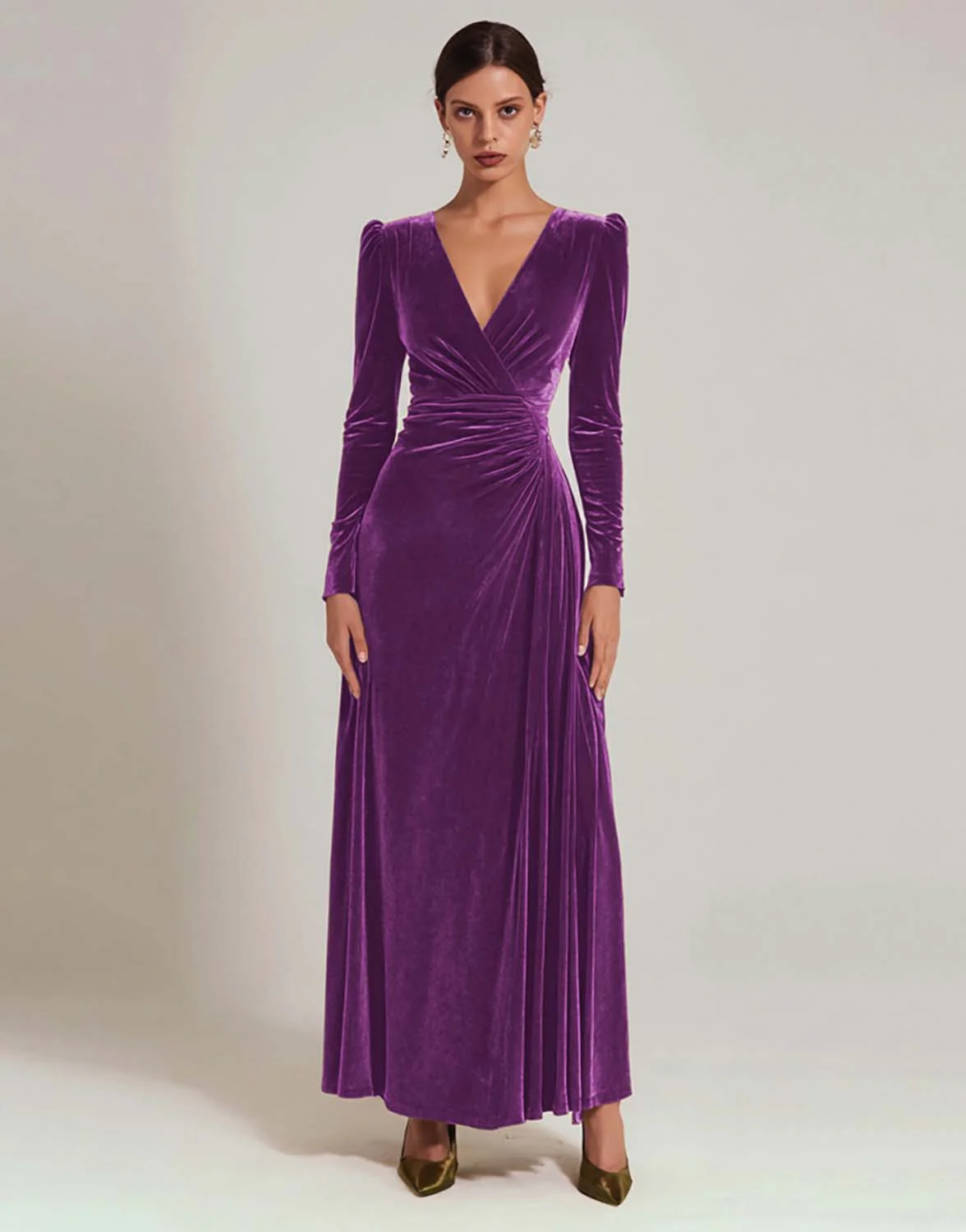 Olive Velvet A-Line V-Neck Evening Dress With Long Sleeves - Image 12