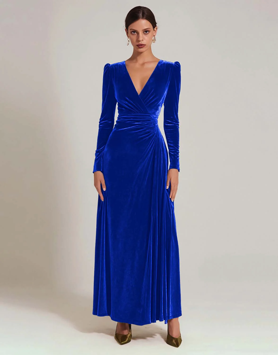 Olive Velvet A-Line V-Neck Evening Dress With Long Sleeves - Image 14