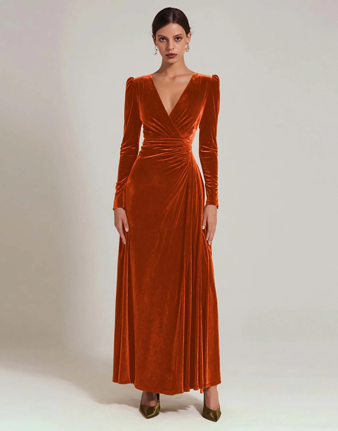 Olive Velvet A-Line V-Neck Evening Dress With Long Sleeves - Image 15