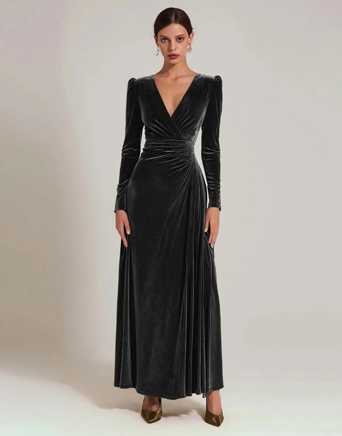 Olive Velvet A-Line V-Neck Evening Dress With Long Sleeves - Image 3