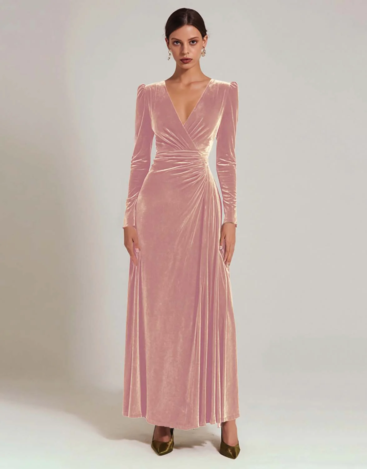 Olive Velvet A-Line V-Neck Evening Dress With Long Sleeves - Image 4