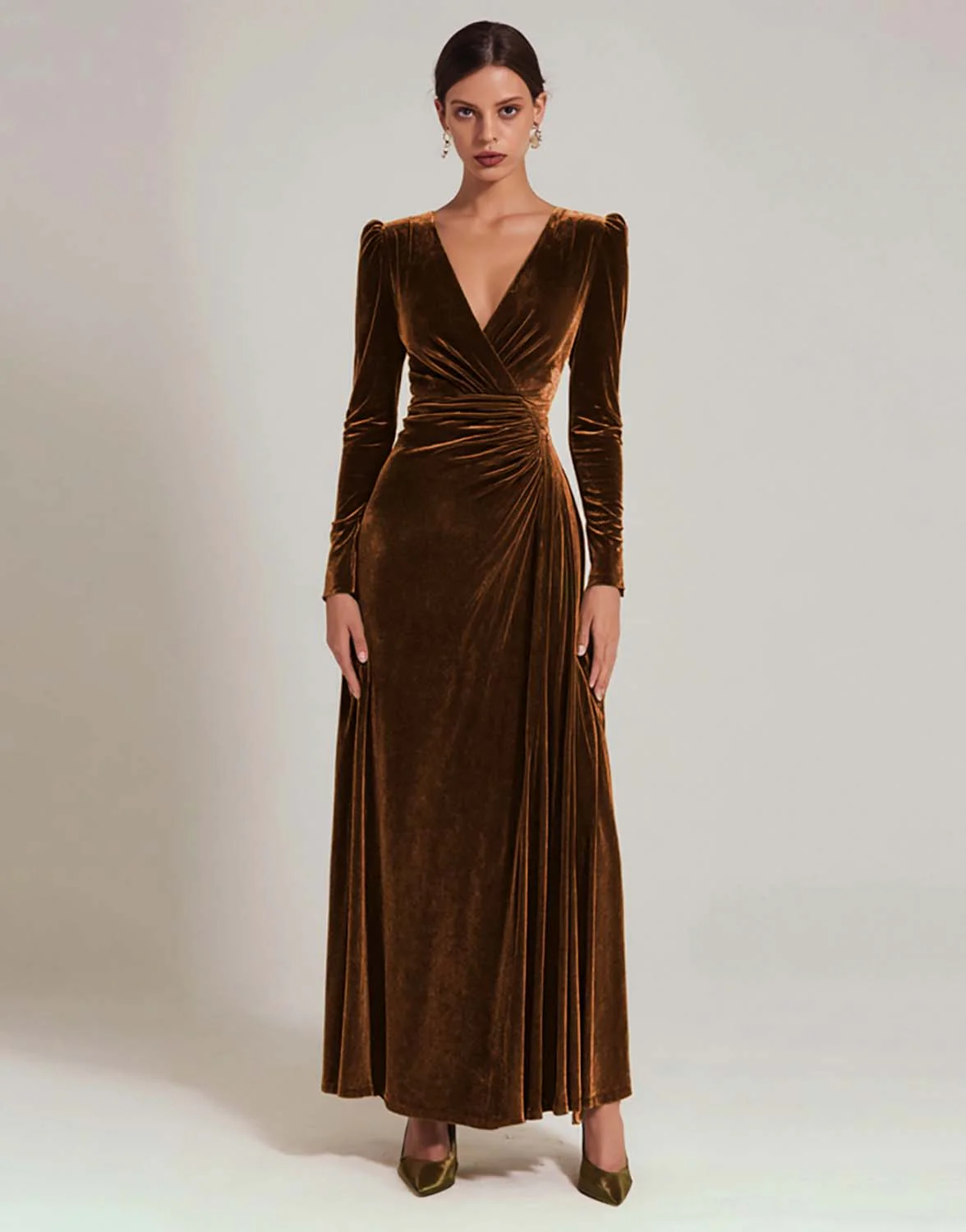 Olive Velvet A-Line V-Neck Evening Dress With Long Sleeves - Image 5