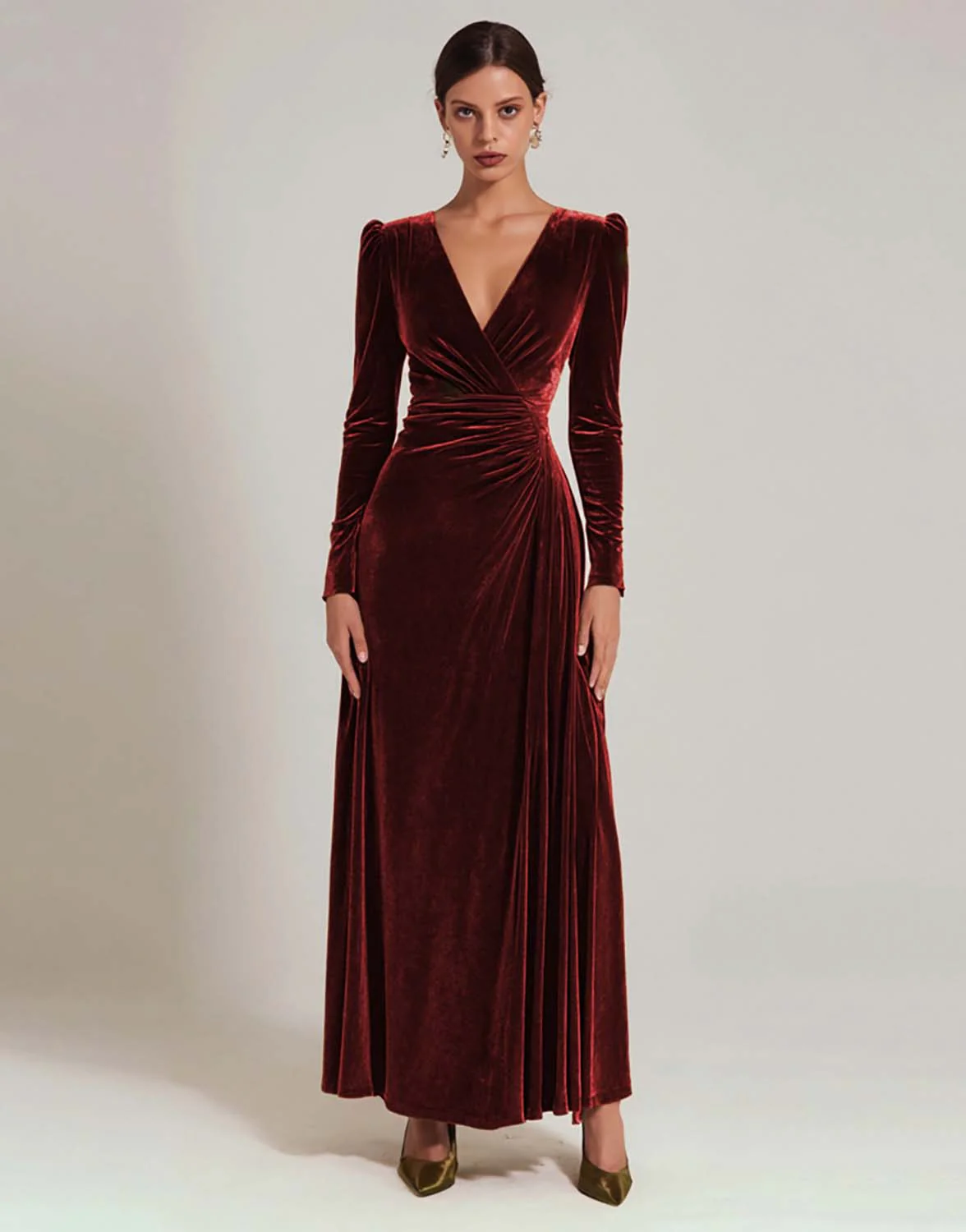 Olive Velvet A-Line V-Neck Evening Dress With Long Sleeves - Image 6