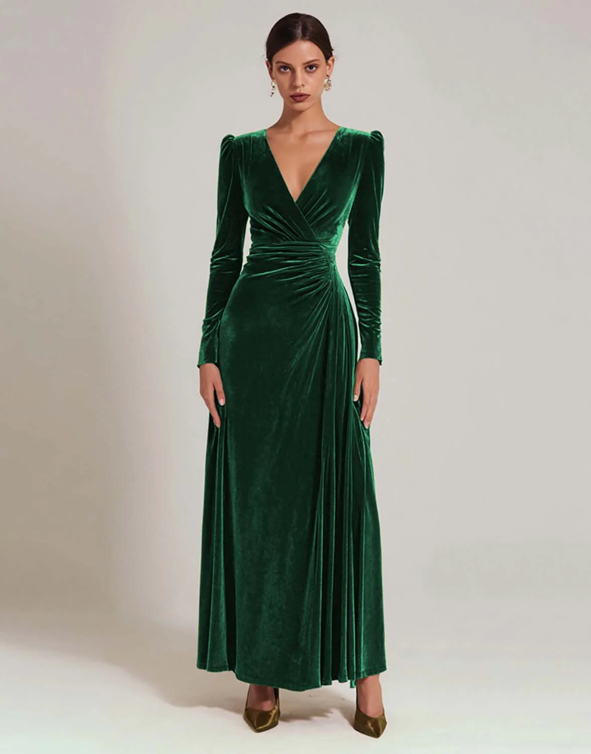 Olive Velvet A-Line V-Neck Evening Dress With Long Sleeves - Image 7