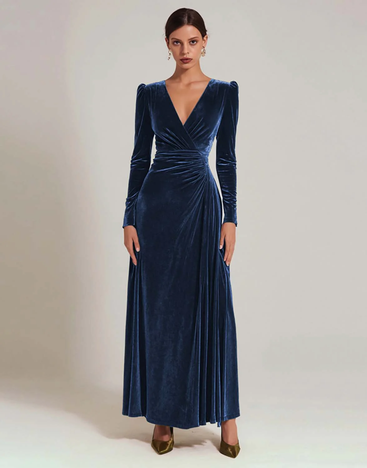 Olive Velvet A-Line V-Neck Evening Dress With Long Sleeves - Image 8