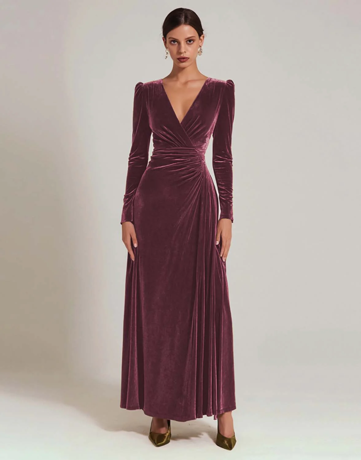 Olive Velvet A-Line V-Neck Evening Dress With Long Sleeves - Image 9