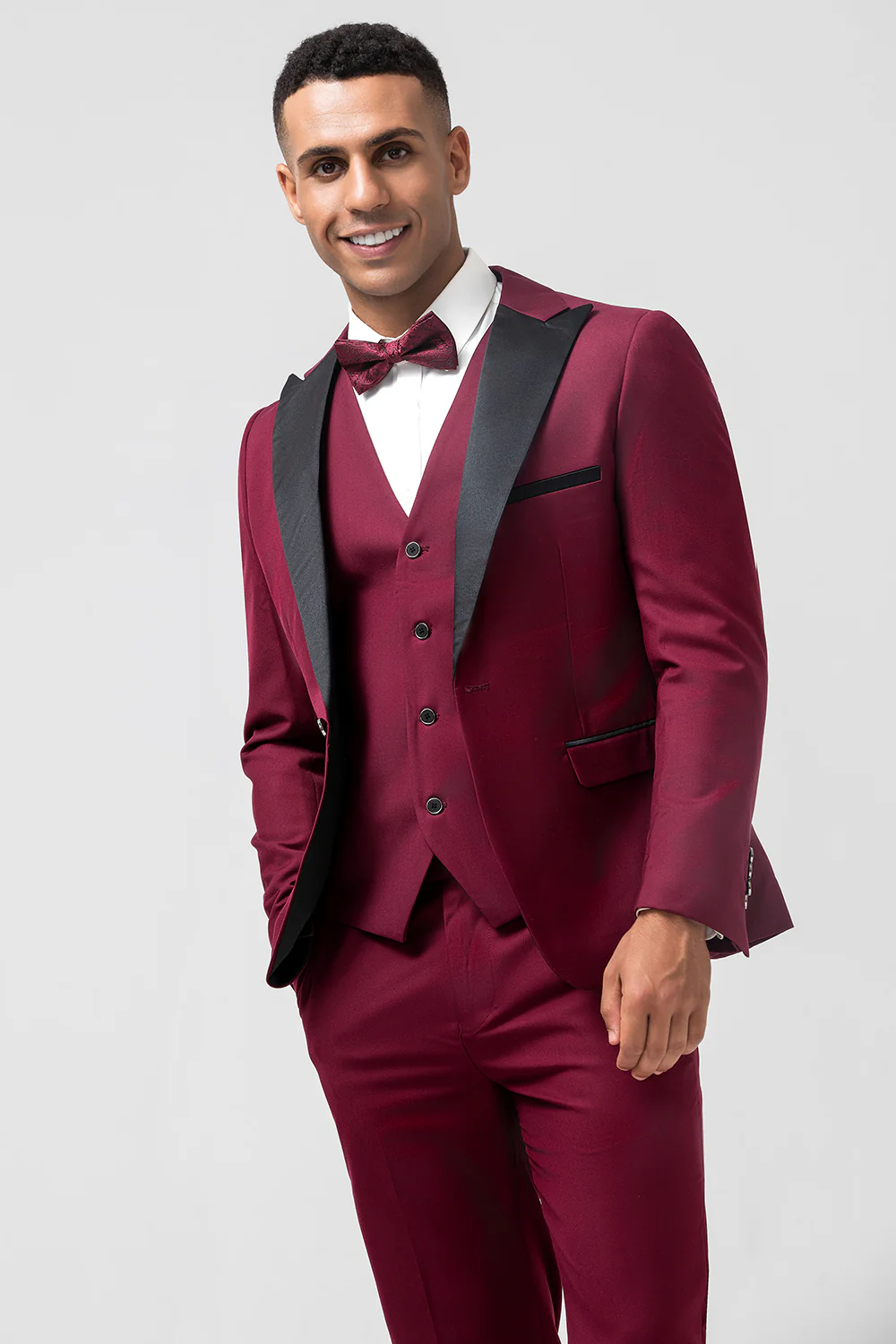 One Button Peak Lapel Burgundy 3 Pieces Men's Suits - Image 3