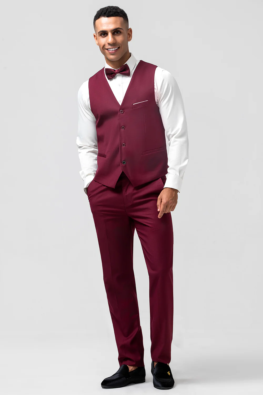 One Button Peak Lapel Burgundy 3 Pieces Men's Suits - Image 4