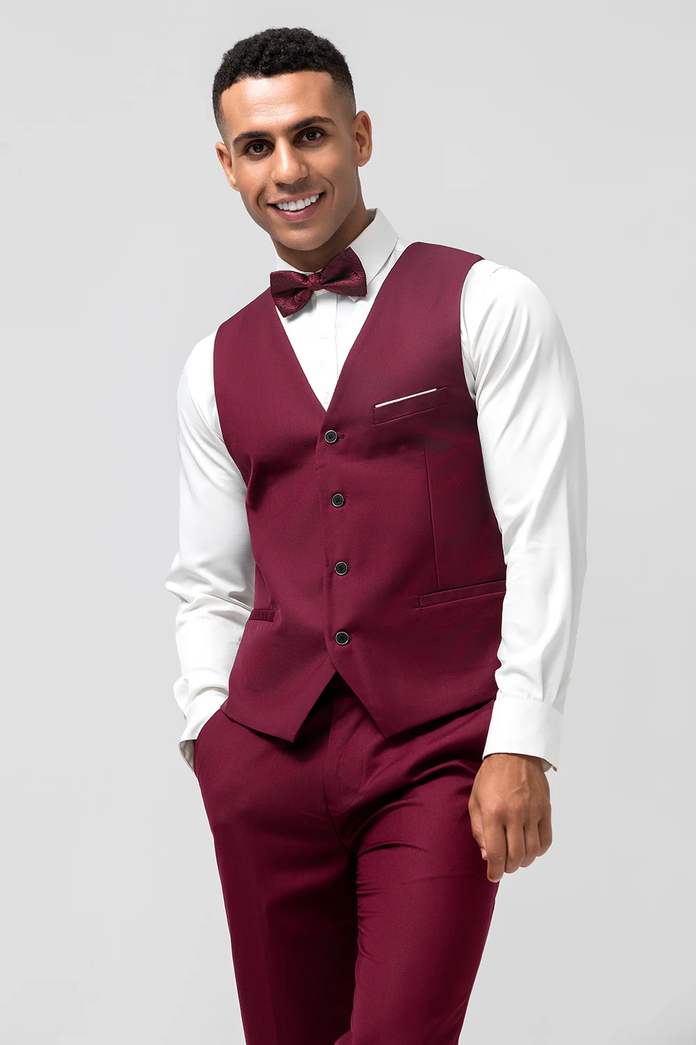 One Button Peak Lapel Burgundy 3 Pieces Men's Suits - Image 6