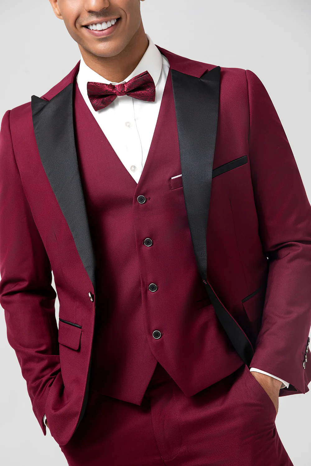 One Button Peak Lapel Burgundy 3 Pieces Men's Suits - Image 9