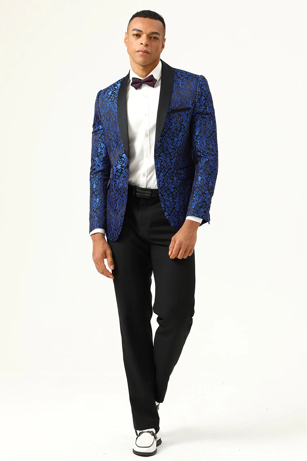 One Button Red Shawl Lapel Jacquard Men's Prom Blazer - Image 10