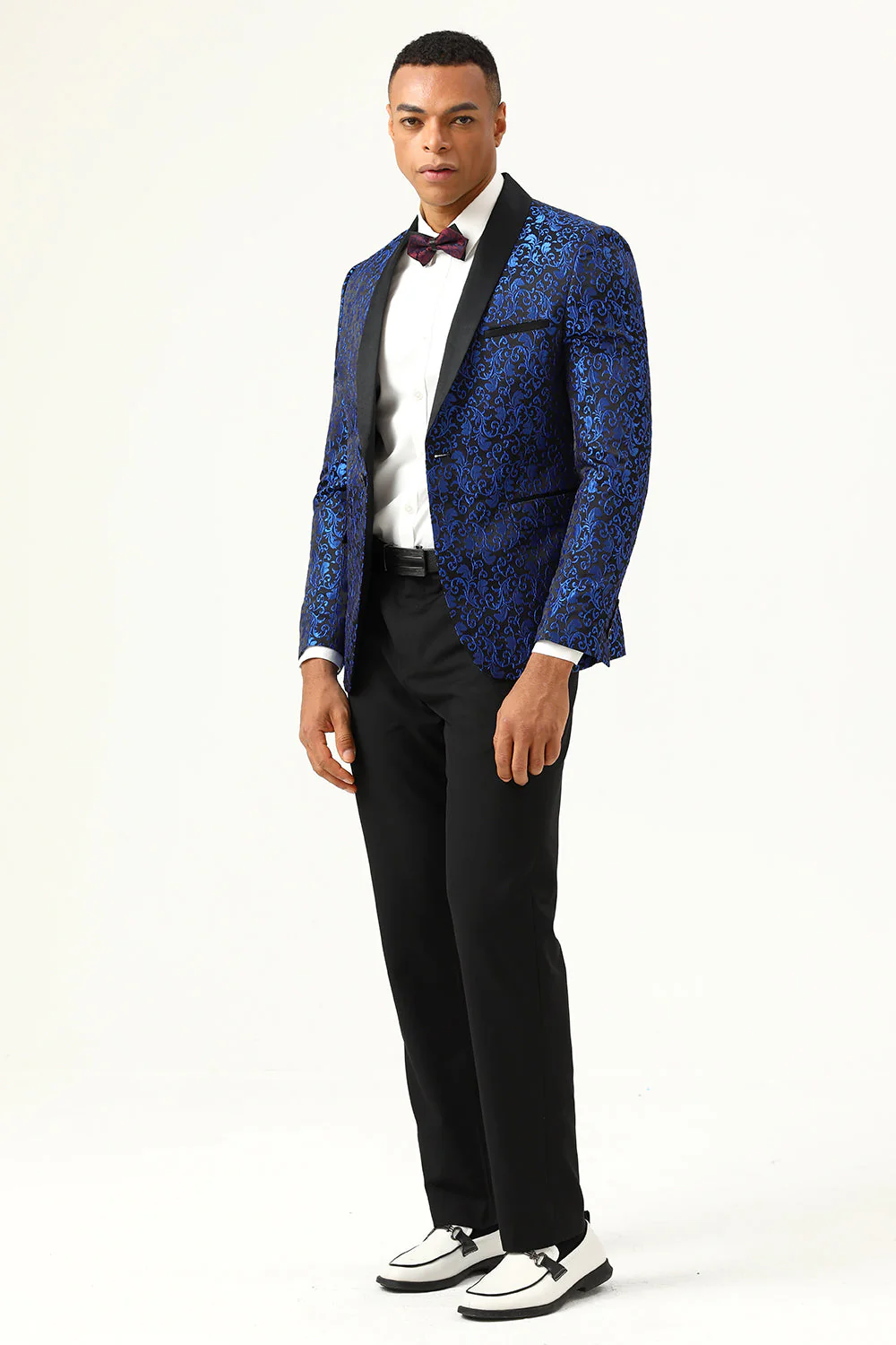 One Button Red Shawl Lapel Jacquard Men's Prom Blazer - Image 11