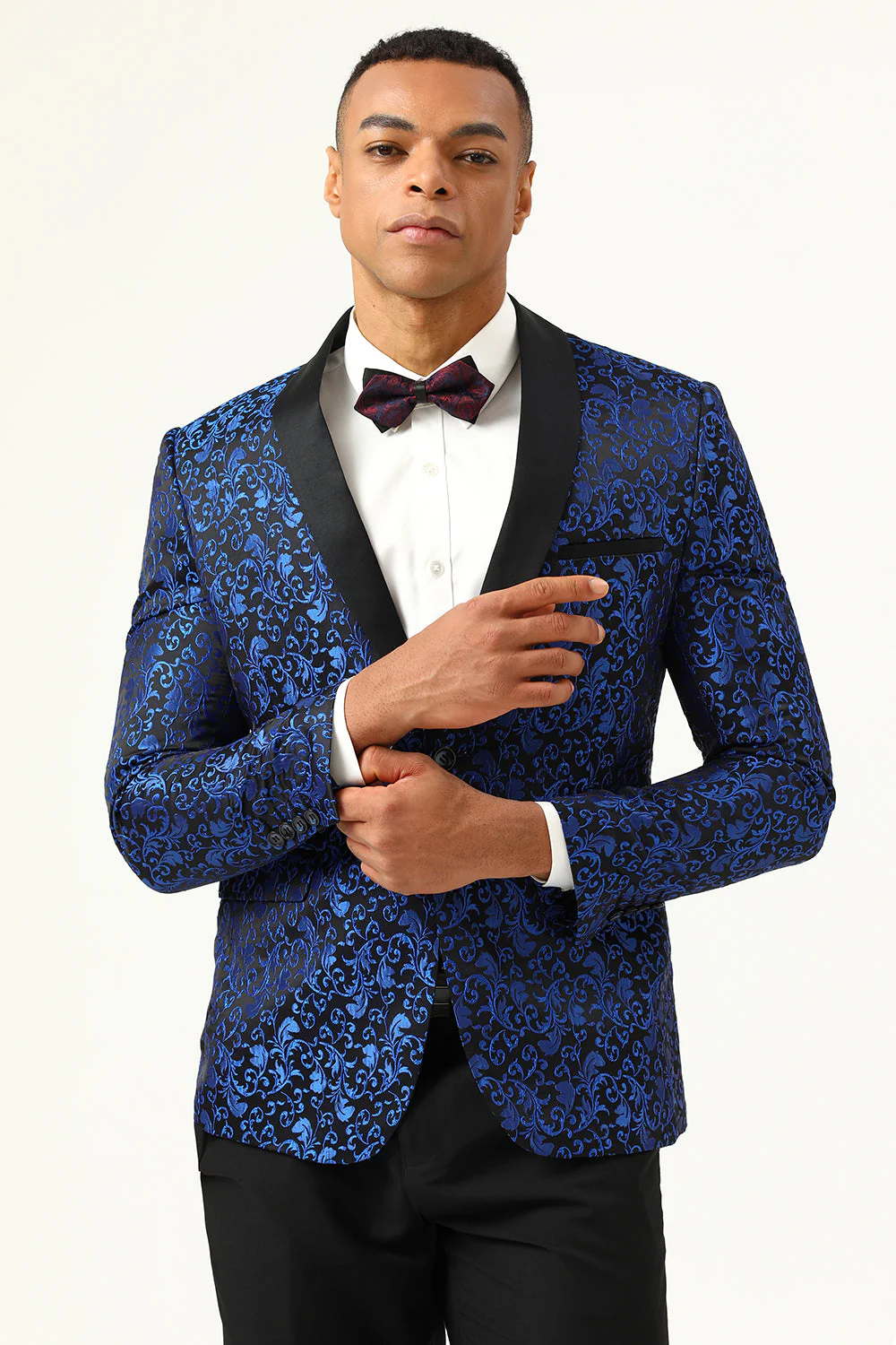 One Button Red Shawl Lapel Jacquard Men's Prom Blazer - Image 12