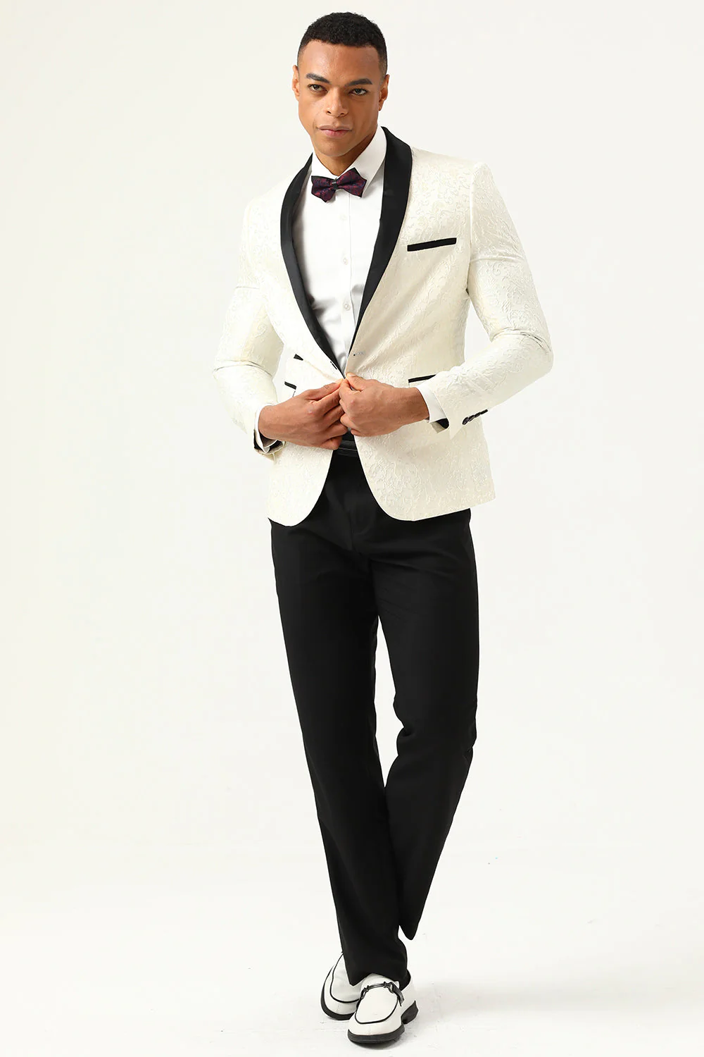 One Button Red Shawl Lapel Jacquard Men's Prom Blazer - Image 13